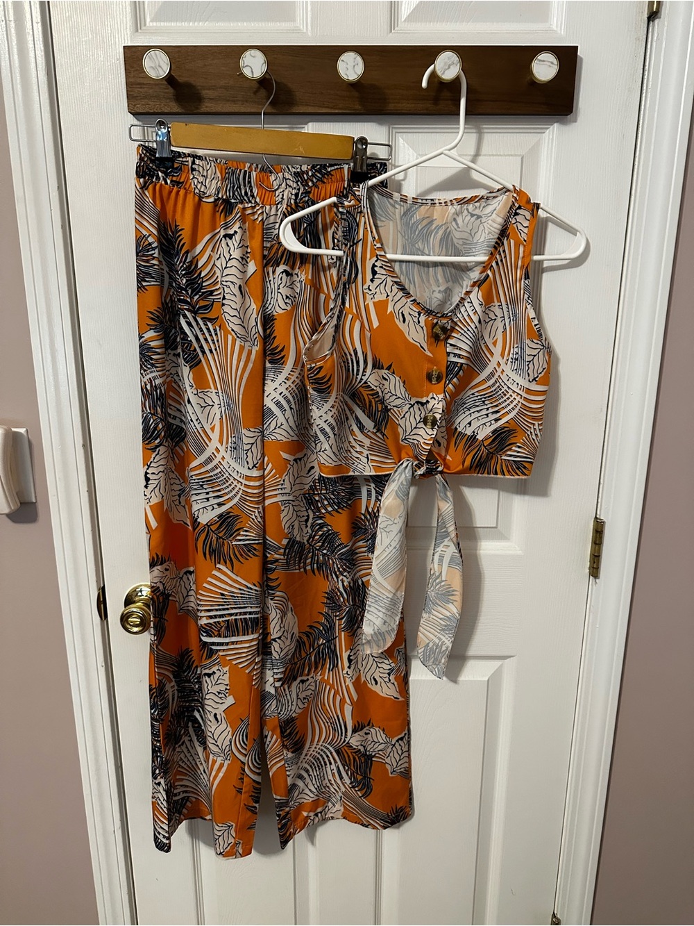 Women's Orange Tropical Print Pants & Tie-Front Crop Top Set